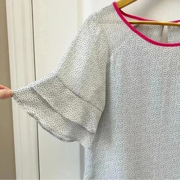 Ricki’s Blouse Short Ruffle Sleeves Sheer Flowy White Pink  Polka Dot Size Small - Picture 7 of 15